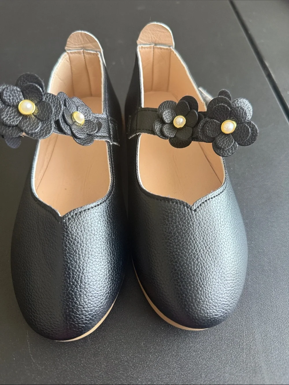 Kids Black Mary Jane Dress Shoes with Flower Strap